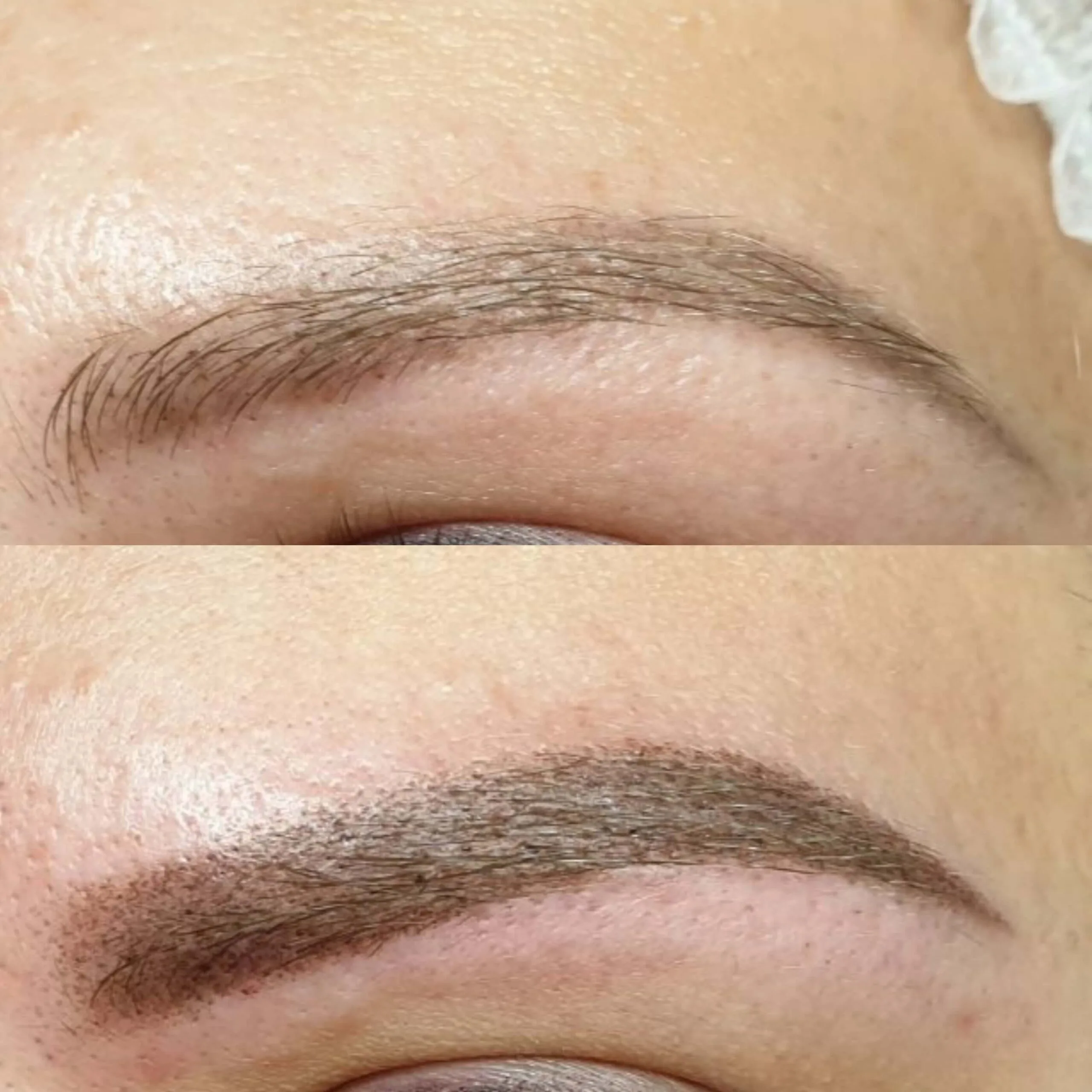 Micropigmentación Cejas Efecto Polvo - Definición y Elegancia 2 Rocío Martín Micropigmentación Estética - Primer plano de una ceja con efecto polvo, mostrando un sombreado suave y difuminado que imita el aspecto del maquillaje en polvo. La ceja tiene una forma definida y un color marrón oscuro que se mezcla gradualmente hacia el inicio. Se observa también parte de un ojo con iris marrón, evidenciando el resultado natural de la micropigmentación de cejas.