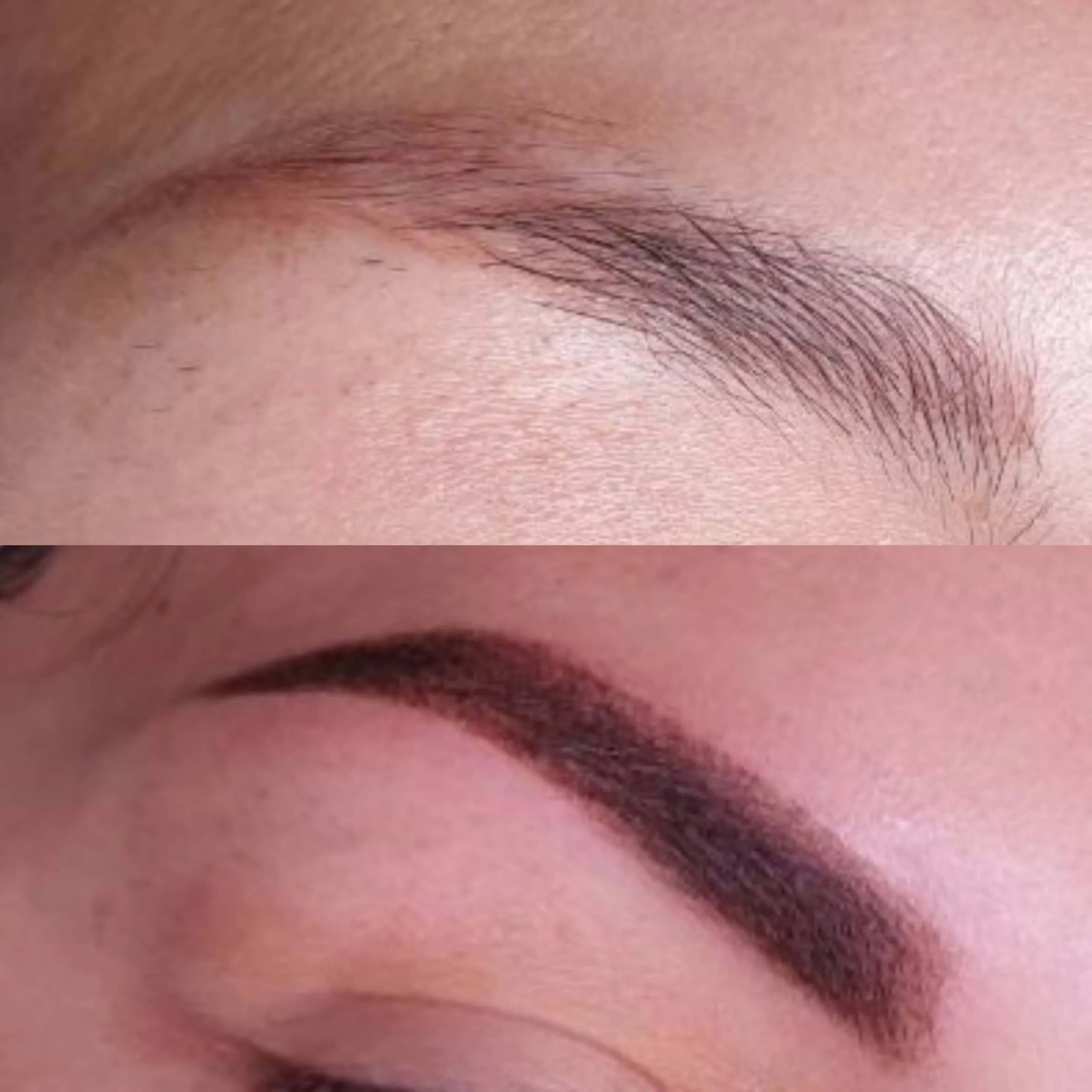 Micropigmentación Cejas Efecto Polvo - Definición y Elegancia 3 Rocío Martín Micropigmentación Estética - Primer plano de una ceja con efecto polvo, mostrando un sombreado suave y difuminado que imita el aspecto del maquillaje en polvo. La ceja tiene una forma definida y un color marrón oscuro que se mezcla gradualmente hacia el inicio. Se observa también parte de un ojo con iris marrón, evidenciando el resultado natural de la micropigmentación de cejas.