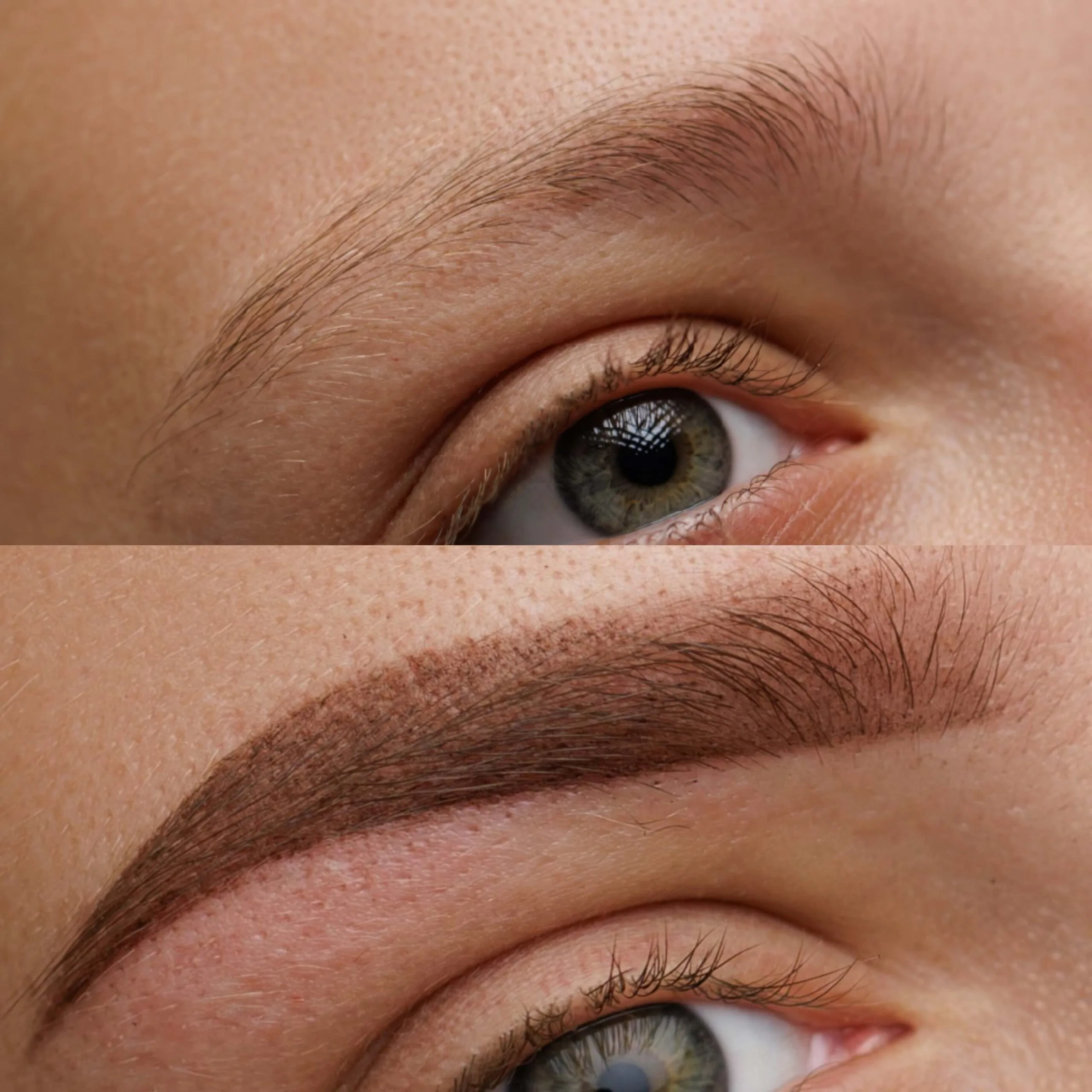 Micropigmentación Cejas Efecto Polvo - Definición y Elegancia 4 Rocío Martín Micropigmentación Estética - Primer plano de una ceja con efecto polvo, mostrando un sombreado suave y difuminado que imita el aspecto del maquillaje en polvo. La ceja tiene una forma definida y un color marrón oscuro que se mezcla gradualmente hacia el inicio. Se observa también parte de un ojo con iris marrón, evidenciando el resultado natural de la micropigmentación de cejas.