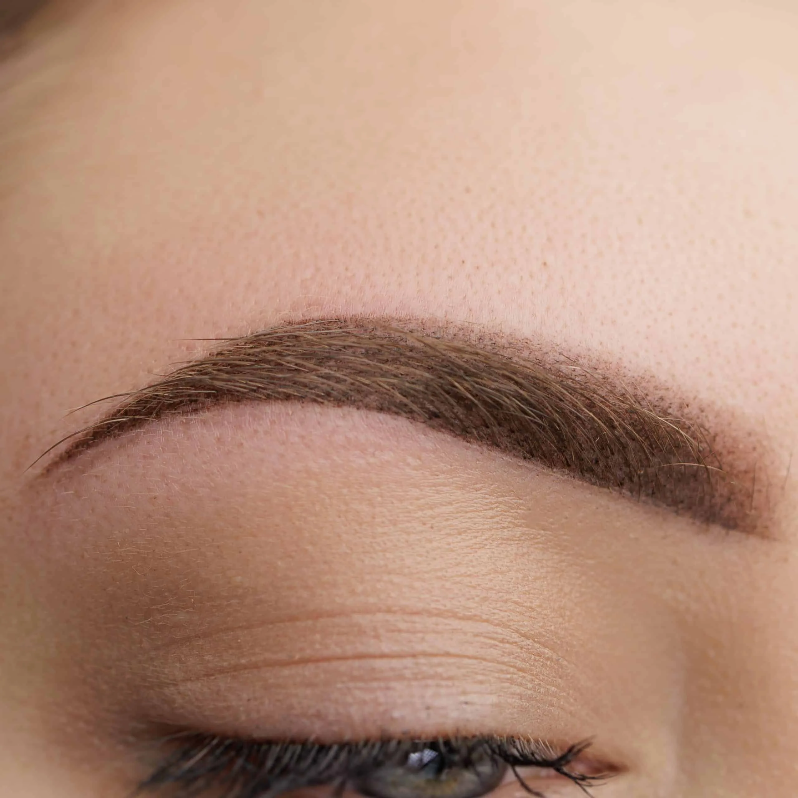 Micropigmentación Cejas Efecto Polvo - Definición y Elegancia 5 Rocío Martín Micropigmentación Estética - Primer plano de una ceja con efecto polvo, mostrando un sombreado suave y difuminado que imita el aspecto del maquillaje en polvo. La ceja tiene una forma definida y un color marrón oscuro que se mezcla gradualmente hacia el inicio. Se observa también parte de un ojo con iris marrón, evidenciando el resultado natural de la micropigmentación de cejas.