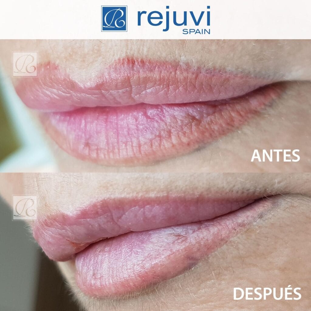 Eliminación de Micropigmentación sin Láser - Método Rejuvi 6 Antes y después del tratamiento de eliminación de micropigmentación de labios con Rejuvi en centro Rocío Martín Micropigmentación y Estética Madrid