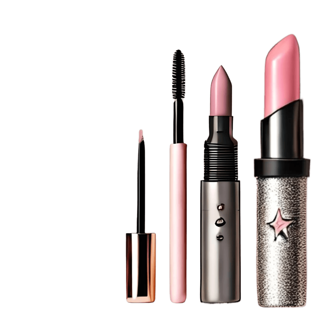 Set de maquillaje con gloss, máscara de pestañas y labiales rosas utilizado en diseño web de Rocío Martín Micropigmentación y Estética