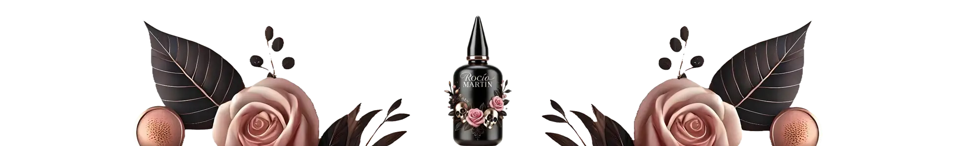Diseño decorativo con rosas, hojas y frasco de pigmento Rocío Martín para micropigmentación, elemento visual para web estética en Madrid