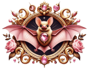 Rocío Martín Micropigmentación Estética - Logotipo de un murciélago de color rosa pálido con alas extendidas, enmarcado en un escudo dorado ornamentado con detalles barrocos y gemas rosadas. La imagen evoca un estilo gótico y elegante, ideal para la marca de micropigmentación.