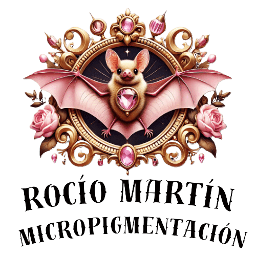 Como llegar a la ubicación de Rocío Martín Micropigmentación y Estética en Madrid 1 Rocío Martín Micropigmentación Estética - Logotipo de la marca Rocío Martín Micropigmentación, con un murciélago de color rosa pálido y alas extendidas, enmarcado en un escudo dorado ornamentado con detalles barrocos y gemas rosadas. Debajo, se lee "Rocío Martín Micropigmentación" en una tipografía distintiva, combinando lo gótico y elegante con la identidad del negocio.