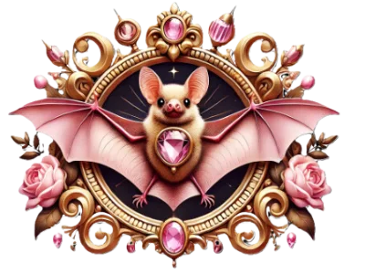 Rocío Martín Micropigmentación Estética - Logotipo de un murciélago de color rosa pálido con alas extendidas, enmarcado en un escudo dorado ornamentado con detalles barrocos y gemas rosadas. La imagen evoca un estilo gótico y elegante, ideal para la marca de micropigmentación.