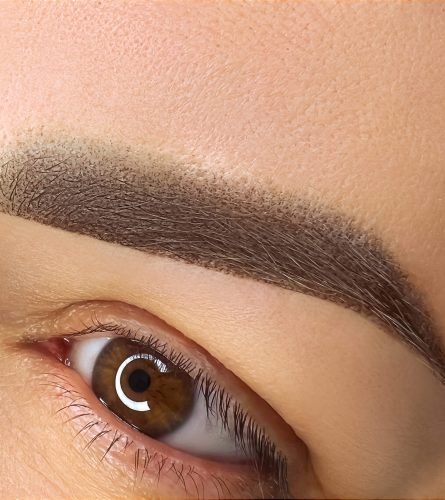 Primer plano de cejas micropigmentadas con técnica sombreado, resultado profesional en el diseño web de Rocío Martín Micropigmentación y Estética